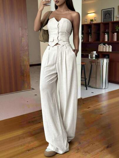 Muchica Set de două piese pentru damă, de culoare solidă, cu top și pantaloni lungi