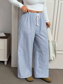CovetEZ Pantaloni con coulisse a stampa a righe per donne taglie forti - Blu e Bianco - Visualizzare 4