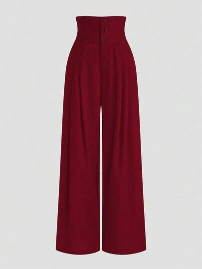 Sweetra Plus Size High Waist Triple Button Front Pleated Wide Leg Pants