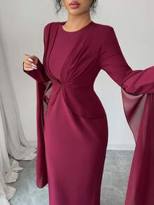 Elenzga Burgundy Elegant Autumn Chiffon Long Dress,Crew Neck Long Sleeves Waist-Cinching Sash Sleeves New Year Outfit,Suitable For Dining Parties&Gatherings - Burgundy - View 3