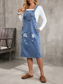 EMERY ROSE 休闲日常百搭口袋纽扣女式牛仔连衣裙 - 藍色 - 查看 9