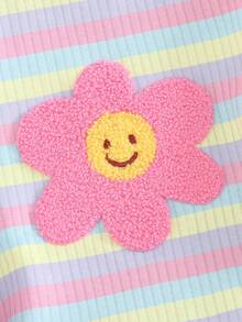 Cozy Pixies 女婴彩色条纹花卉刺绣圆领长袖套头卫衣，舒适、百搭、时尚、可爱、休闲，适合日常穿着