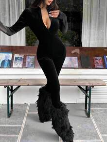 SHEIN EZwear 女士天鹅绒前拉链紧身连身裤 - 黑色 - 查看 3