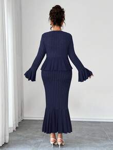 Elenzga 大码女装两件套，高弹针织宽条纹纹理面料，收腰设计，喇叭袖，鱼尾裙摆，优雅适合外出、下午茶、通勤等场合，时尚舒适，大码，深灰色，秋冬长袖连衣裙两件套 - 藏蓝色 - 查看 2