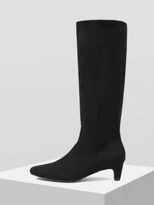 Mnmlis Women's Square Toe Minimalist Kitten Heel Mid-Calf Boots For Christmas - Black - View 3