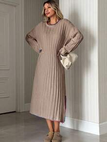 女士罗纹针织彩色针脚细节宽松长款毛衣连衣裙 - 米色 - 查看 4