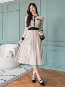 DAZY Women's Casual Elegant Color Block Mid-Length Sweater Dress, Spring Autumn,Fall Women Clothes Modest Fashion Office Blackness - Apricot - View 5