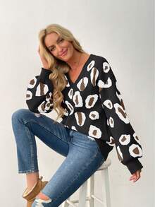 EMERY ROSE New Asymmetrical Round Neck Loose Pullover Knit Sweater For Women, Autumn/Winter - Black - View 5