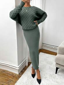 EURMUSE Women's Autumn/Winter Batwing Sleeve Sweater And Sleeveless Fitted Knit Dress Elegant 2-Piece Set - Mint Green - View 3