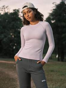 In My Nature Women's Outdoor Sports Casual Yoga, Running, Fitness, Photography T-Shirt, Solid Color Long Sleeve Crew Neck Stretchy Fitness Top - Pink - View 4