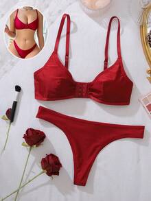 2pcs/Set Front Closure Wireless Bra Set For Women - Burgundy - View 5