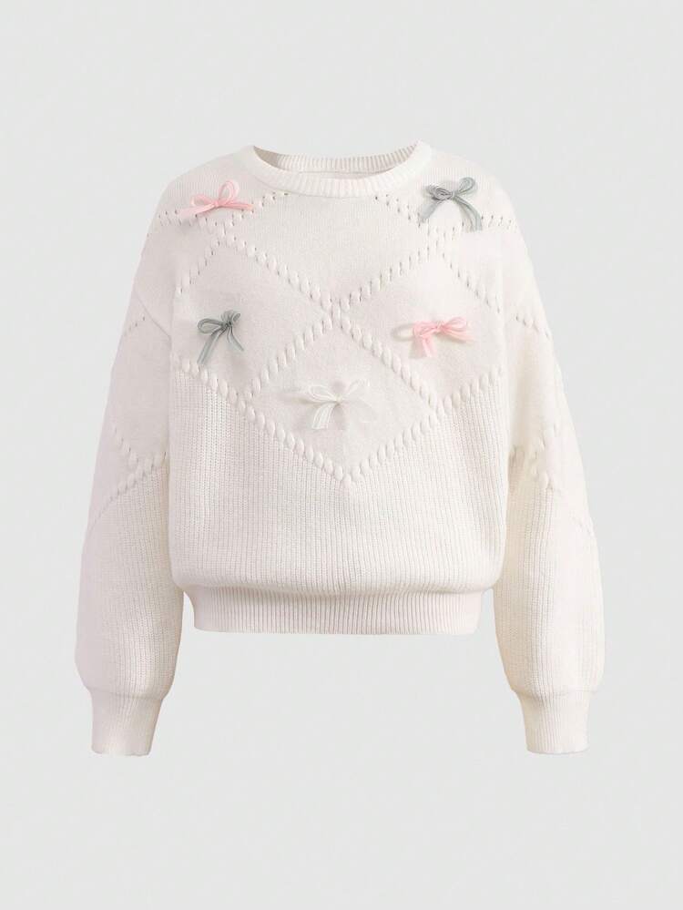 SHEIN مجموعة ملابس للبنات المراهقات مكونة من 2 قطعة: كنزة صوفية محبوكة مع فيونكة جميلة وتنورة مطوية، ناعمة ومريحة، مناسبة للشتاء - الأزرق - مشاهدة 2