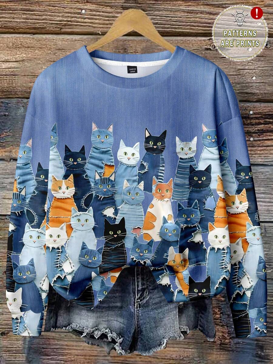 EMERY ROSE Women's Casual Cartoon Cat Print Crew Neck Loose Fit Long Sleeve Sweatshirt - Multicolor - View 1