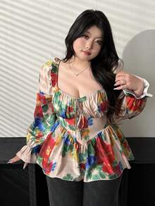 Vibekara 新款优雅浪漫花卉印花蝴蝶结装饰泡泡袖女式短款上衣，收腰设计，喇叭下摆，露脐短款上衣，适合春夏秋季穿着。 - 彩色 - 查看 5