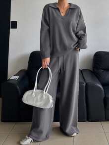 DAZY Setelan Dua Potong Wanita Musim Gugur dan Musim Dingin Kasual Sehari-hari Longgar Warna Polos Sweater dan Celana Panjang Lebar, Pakaian Wanita Musim Gugur - Dark Grey - View 11