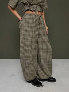 COUREZ Low Rise Baggy Balloon Trousers With Elasticated Waistband And Adjustable Hem Ties In Check /Y2K Winter Clothes For Women Going Out Outfits Summer Outfits For Women Streetwear Baggy Pants Pants For Women - Green - View 4