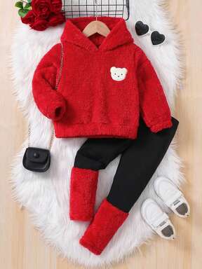 SHEIN Young Girl Heart Print Colorblock Fuzzy Hoodie & Leggings 2pcs Outfits, Warm And Comfortable Long Sleeve, Great For Casual & Daily Wear & School Daily & Home Wear In Autumn & Winter, For Christmas
