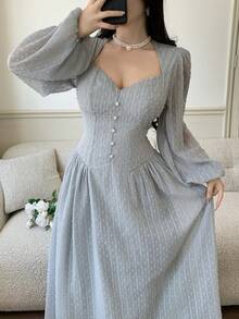 Nuevo vestido elegante con textura vintage de lunares que realza la cintura, adecuado para uso diario, fiestas y vacaciones - Verde Gris - Ver 2