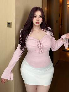 Dazy Plus T-shirt rose à manches évasées et à nouer à la taille, coupe ajustée et élastique, pour femmes grandes tailles, printemps/été - Rose bonbon - Voir 4