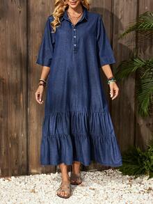 EMERY ROSE Vestido jeans feminino casual de manga 3/4 com babados na barra e fechamento frontal com botões. - Lavagem escura - Ver 8