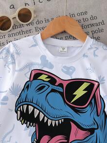 SHEIN GraphicGems 1 Set Young Boys Casual Fashion Funny Cartoon Dinosaur Print Short Sleeve Crew Neck T-Shirt And Shorts Set, Suitable For Outdoor, Sports, School, Spring/Summer, Blue Dinosaur Print Set - Multicolor - View 5