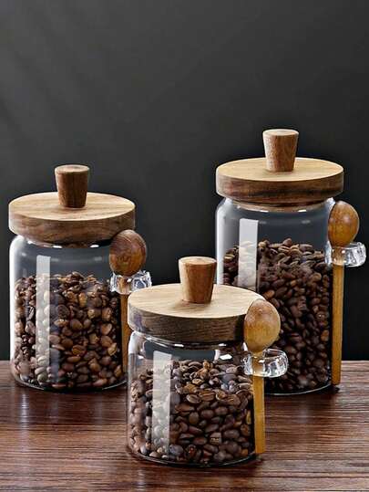 Coffee Bean Storage Canister, Glass Airtight Jar With Wooden Lid, Food Storage Container, Spice Jar, Coffee Powder Organizer, Tea Leaf Canister, Coffee & Sugar Storage Jar With Scoop