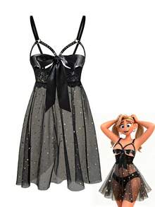 SpicyHot 1pc Lace Star Contrast Mesh Satin Bow Sexy Nightgown For Women - Black - View 1