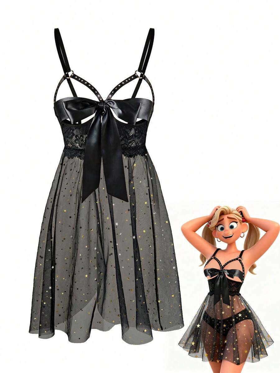 SpicyHot 1pc Lace Star Contrast Mesh Satin Bow Sexy Nightgown For Women - Black - View 1