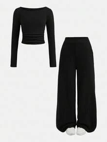 SHEIN Serisse Kids 少女秋冬休闲时尚百搭罗纹露肩/露肩两穿T恤套装，带口袋，搭配直筒裤，适合周末、休闲外出、返校季穿着。 - 黑色 - 查看 11