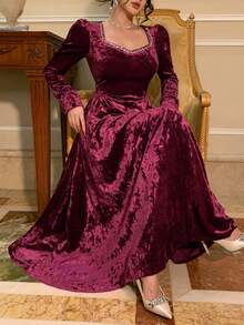 DAZY Women's Sweetheart Collar Raglan Sleeve Waist Cinched Elegant Long Dress - Burgundy - View 3