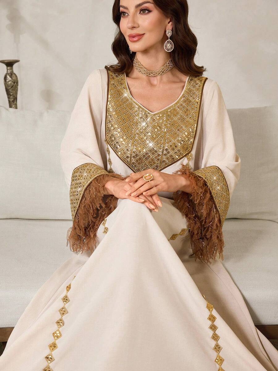 Al Najma Elegant & Luxurious  Style Long Dress For Women - Apricot - View 1