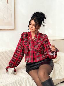 Elenzga Camicetta elegante francese a maniche lunghe con stampa digitale a righe casuali e volant, in tartan rosso, per donne taglie forti - Rosso - Visualizzare 1