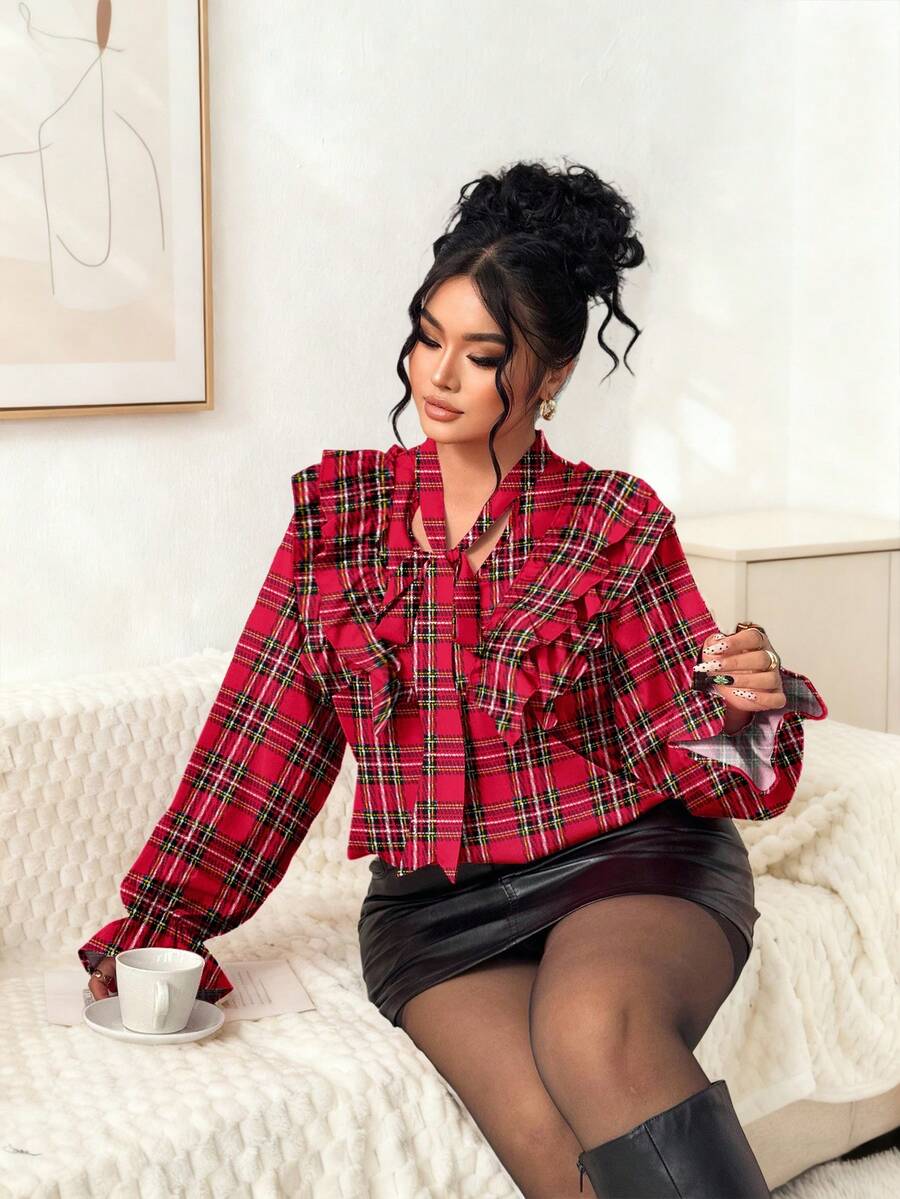 Elenzga Camicetta elegante francese a maniche lunghe con stampa digitale a righe casuali e volant, in tartan rosso, per donne taglie forti - Rosso - Visualizzare 1
