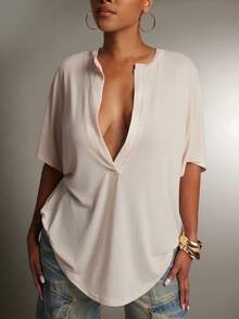 Denimoi 半透明深V领翻领宽松上衣 时尚街头风性感上衣 宽松Polo衫 - 杏色 - 查看 6