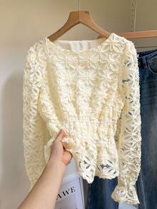 SHEIN Frenchy Women's Elegant French-Style Fitted Waist Solid Color 3D Floral Long-Sleeved Blouse, Spring Women's Clothing, Summer Women's Clothing, Beachwear, Outdoor Top, Women's Elegant Blouse, Women's Vacation Wear, Women's White Top,Valentine Clothes ,Summer Holiday Outfits Resort - Apricot - View 3