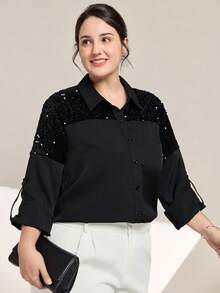 Momelise Kemeja Fashion Wanita Ukuran Besar dengan Hiasan Payet, Patchwork, dan Ruffle di Manset, Kancing Tunggal - Hitam - View 6