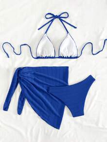 Swim Mod Conjunto de bikini texturizado de unicolor, adecuado para vacaciones en la playa - azul real - Ver 3