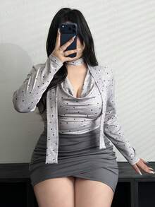 Vibekara Vintage Sweet Polka Dot Element Ruched Collar Long Sleeve T-Shirt And Pleated Bodycon Skirt 2-Piece Set, Elegant For Spring, Summer, Fall