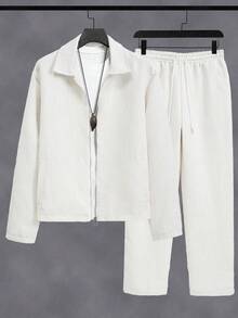 OTTIMOZO Bộ áo khoác nam màu trắng kiểu dáng dệt kim, bộ đồ thể thao 2 mảnh nam, bộ đồ đường phố màu trắng, bộ đồ hai mảnh bằng vải lanh cho nam, trang phục 2 mảnh màu trắng kiểu cổ điển cho nam giới, thích hợp cho sinh hoạt hàng ngày, những chuyến đi cuối tuần, hoạt động ngoài trời, du lịch, môi trường làm việc thoải mái hoặc các dịp bán trang trọng, quà tặng cho bạn trai/chồng, quà kỷ niệm, quà tặng tiệc tùng, quà Giáng sinh. - trắng - Xem 3