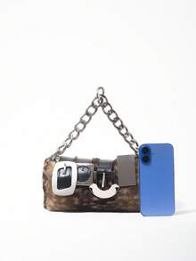 ROMWE Grunge Punk 2000s Style Women  Handbags,Punk Rivet Biker Bags,Metal Chain Bag,Fur Purse ,Autumn & Winter Wallets(Random Pattern) - dark brown - View 3