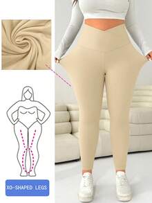 Solflare 大码女式纯色不对称腰休闲紧身裤 - 卡其色 - 查看 1