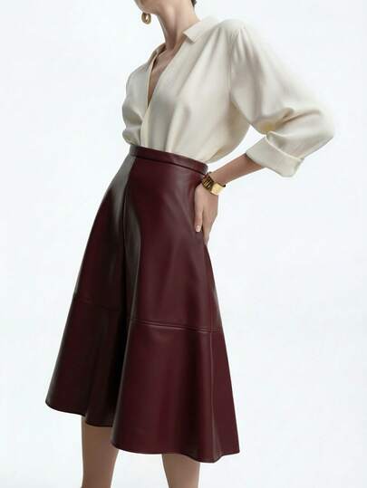 Aalyst Women's Solid Color Leather Patchwork A-Line Ruffle Hem Midi Skirt, Elegant French Retro Street Style, Versatile, Suitable For Casual, Formal, Halloween, Christmas, Thanksgiving, Afternoon Tea, Party, Family Gathering In Autumn/Winter