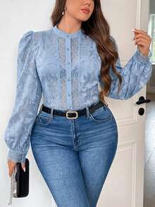 Firerie 大码优雅精致通勤工作休闲镂空蕾丝拼接黑色宽松女式衬衫 - 藍色 - 查看 2