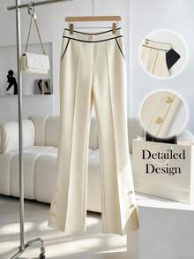 Elenzga Women's Elegant Minimalist Solid Color Button Decor Versatile Pants, Suitable For Autumn/Winter - Apricot - View 3
