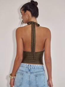 SHEIN BAE Áo nữ màu trơn bóng, cổ yếm, xếp ly, gợi cảm, thời trang, thích hợp mặc đi dự tiệc, lấp lánh, kim tuyến hoặc vàng kim, dành cho nữ, phù hợp cho ngày Valentine, Tết Dương lịch, đi club. - Vàng - Xem 2