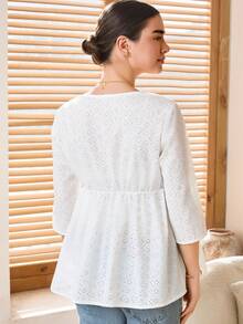 SHEIN Maternity V-Neck 3/4 Sleeve Shirt With Single-Breasted Embroidered Floral Design Cotton Maternity Clothes Maternity White Dress Maternity Sets Summer Maternity Clothes For Photoshoot Maternity Clothes Two Piece Suits,Maternity Clothes - White - View 2