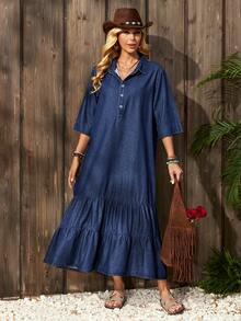 EMERY ROSE Vestido jeans feminino casual de manga 3/4 com babados na barra e fechamento frontal com botões. - Lavagem escura - Ver 6