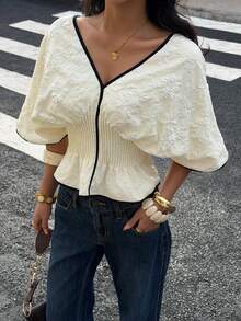 Siren Gaze Women's Solid Color Deep V-Neck Ruched Waist Ruffle Hem Blouse, Elegant Fitted Shirt With Contrast Trim - Apricot - View 4