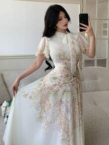 Modelyn 女士系带腰部褶皱印花喇叭连衣裙 - 綠色 - 查看 7