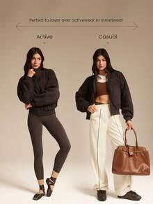 GLOWMODE Cloud Fleece Fuzzy Feels Cozy Warm Lightweight Stand Collar Ribbed Cuffs Hem Hip-Length Relaxed-Fit Fleece Bomber Jacket Autumn Winter Outdoor Daily Casual - Brown - View 5